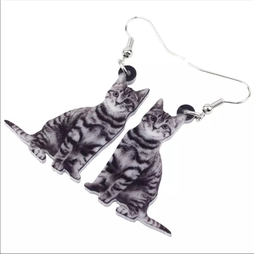 Grey Kitty Cat With Black Stripes Acrylic Earrings - Picture 2 of 5